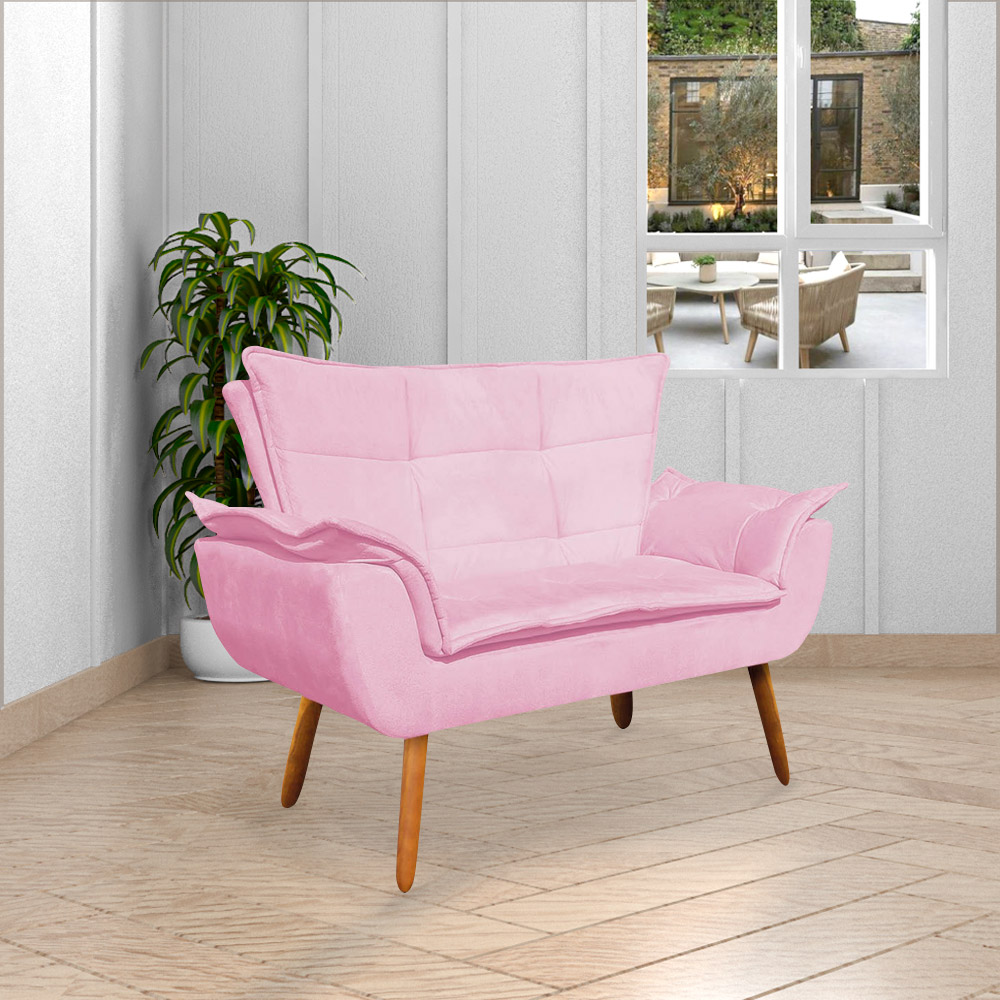 Conjunto 2 Poltronas e 1 Namoradeira Pés Palito Charger Suede Rosa G19 - Gran Belo