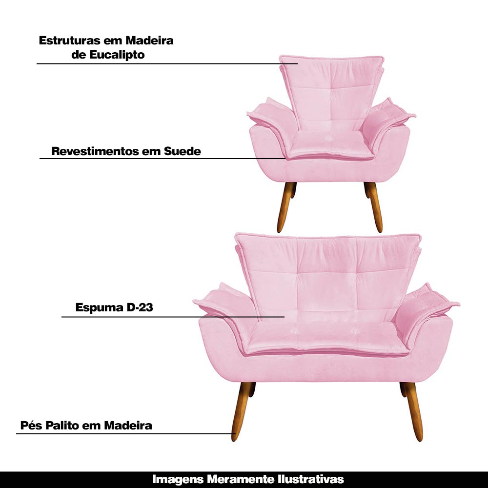Conjunto 2 Poltronas e 1 Namoradeira Pés Palito Charger Suede Rosa G19 - Gran Belo