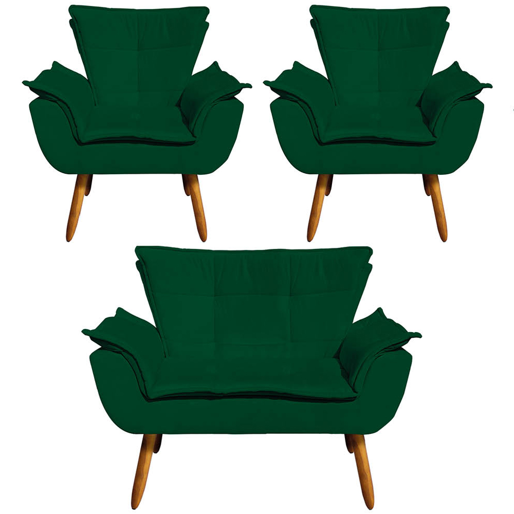 Conjunto 2 Poltronas e 1 Namoradeira Pés Palito Charger Suede Verde G19 - Gran Belo