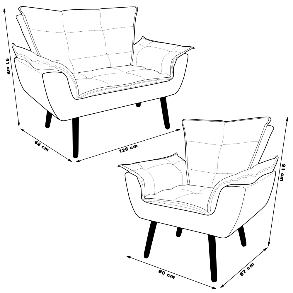 Conjunto 2 Poltronas e 1 Namoradeira Pés Palito Charger Suede Verde G19 - Gran Belo