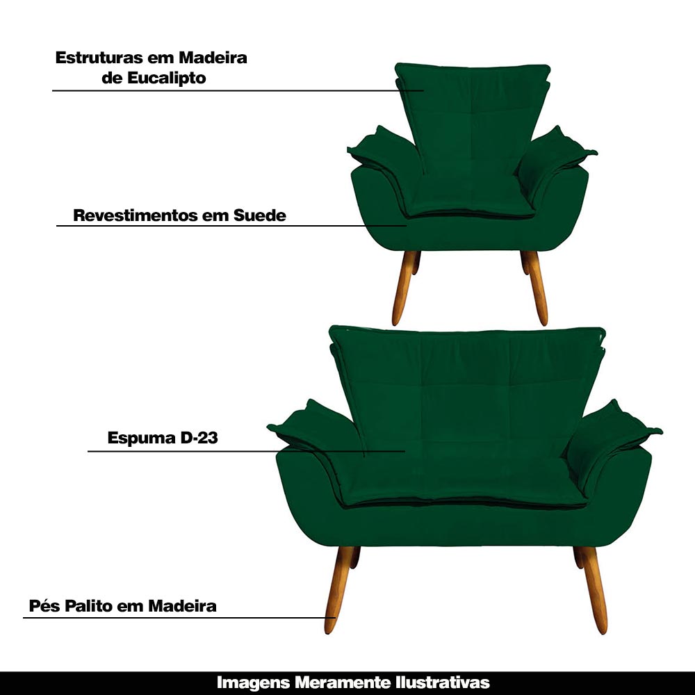 Conjunto 2 Poltronas e 1 Namoradeira Pés Palito Charger Suede Verde G19 - Gran Belo