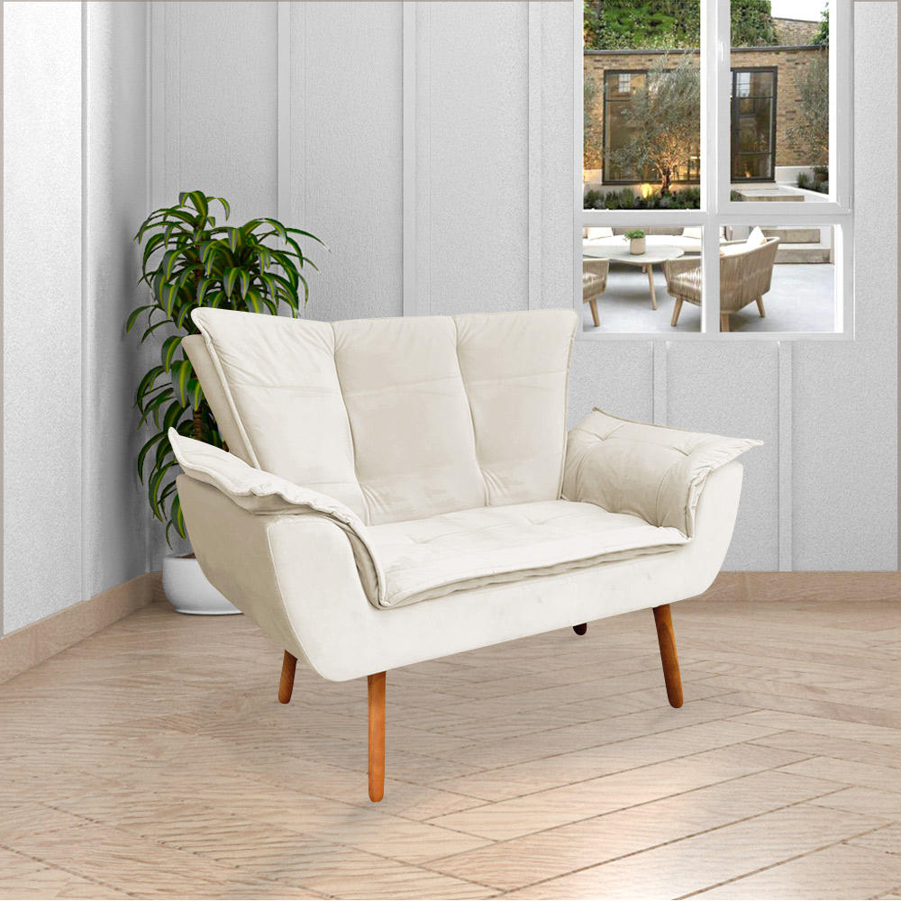 Conjunto 2 Poltronas e 1 Namoradeira Pés Palito Charger Veludo Bege G19 - Gran Belo