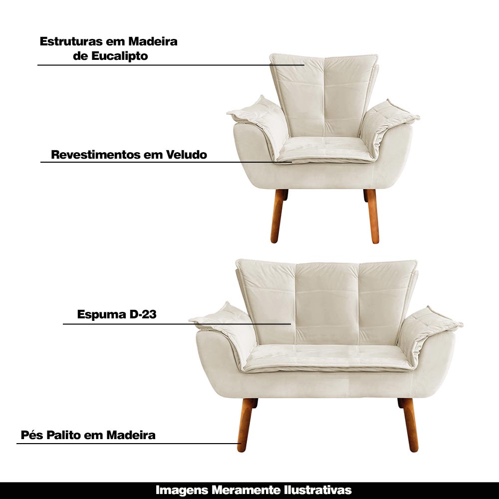 Conjunto 2 Poltronas e 1 Namoradeira Pés Palito Charger Veludo Bege G19 - Gran Belo
