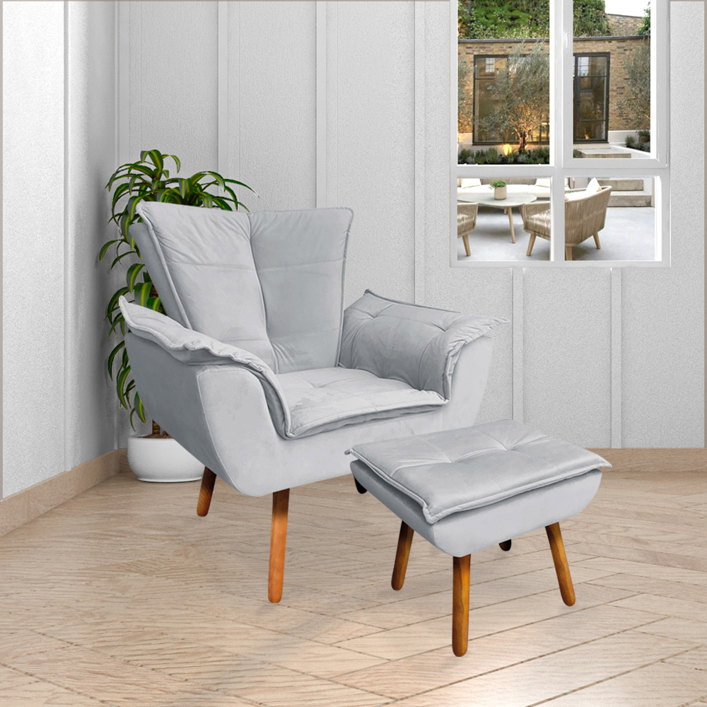 Conjunto 2 Poltronas e 1 Namoradeira Pés Palito Charger Veludo Cinza G19 - Gran Belo