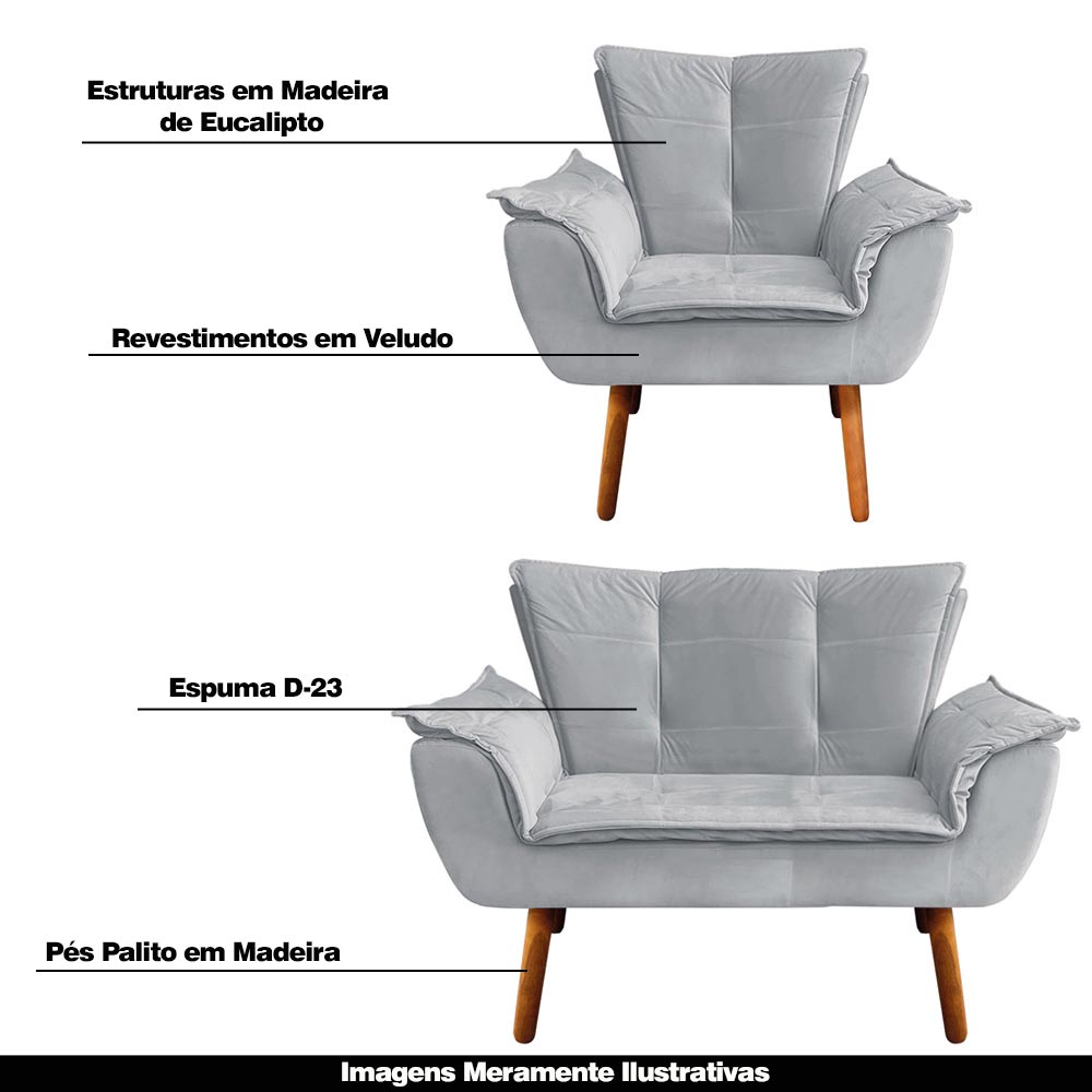 Conjunto 2 Poltronas e 1 Namoradeira Pés Palito Charger Veludo Cinza G19 - Gran Belo
