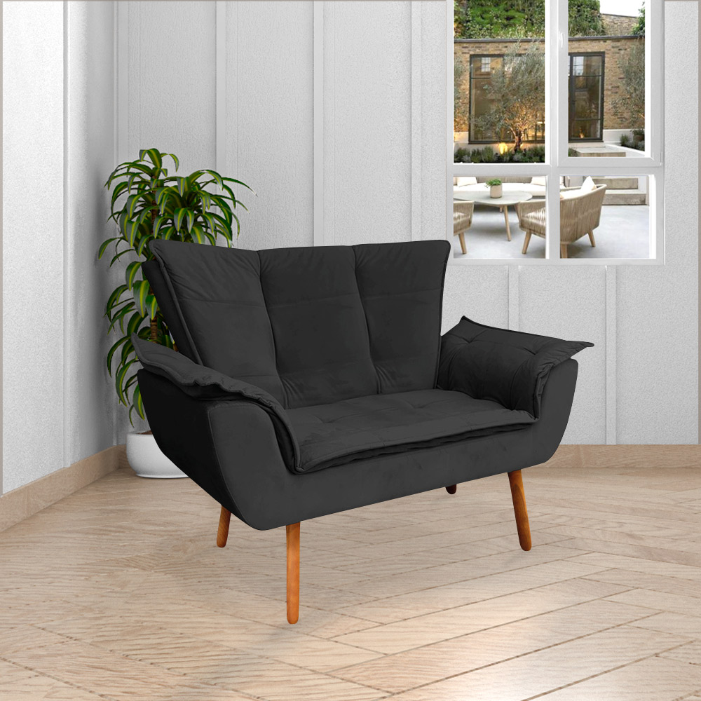 Conjunto 2 Poltronas e 1 Namoradeira Pés Palito Charger Veludo Preto G19 - Gran Belo