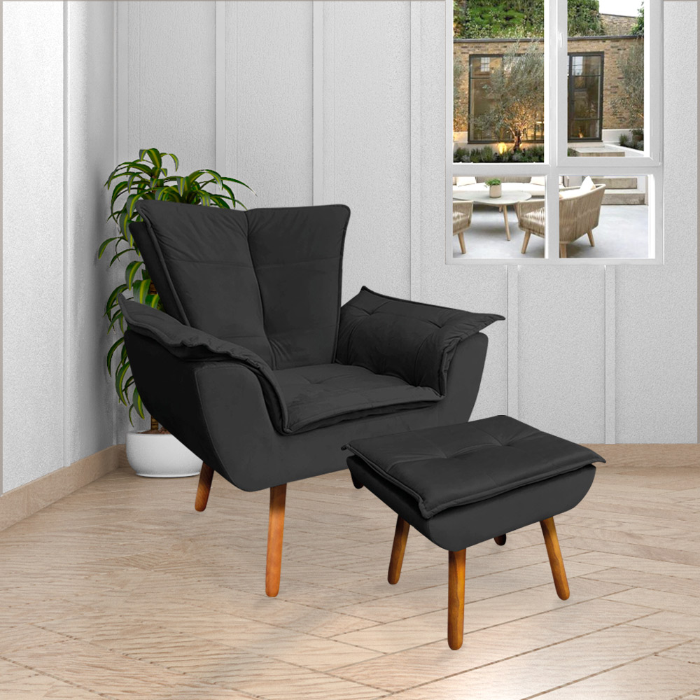 Conjunto 2 Poltronas e 1 Namoradeira Pés Palito Charger Veludo Preto G19 - Gran Belo