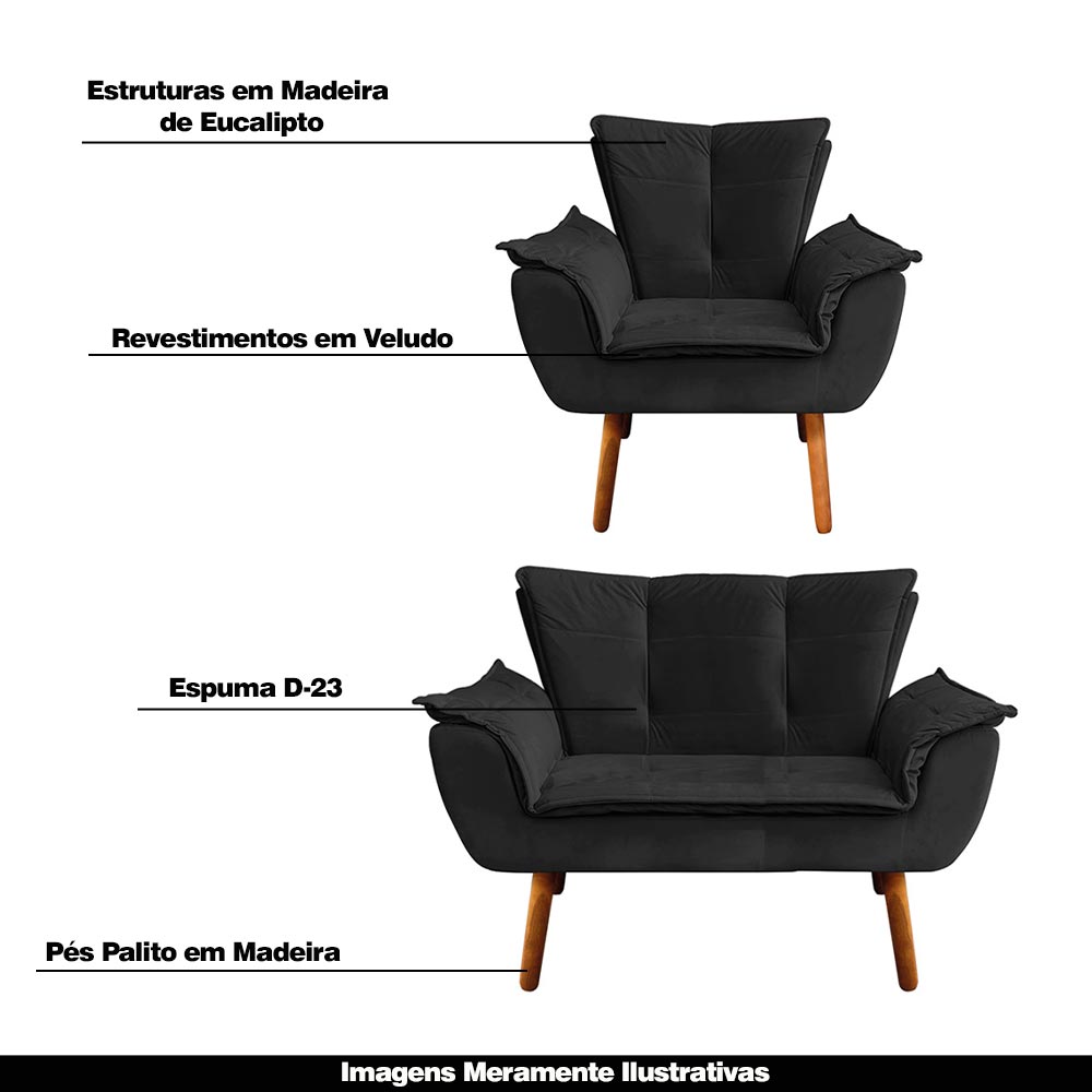 Conjunto 2 Poltronas e 1 Namoradeira Pés Palito Charger Veludo Preto G19 - Gran Belo