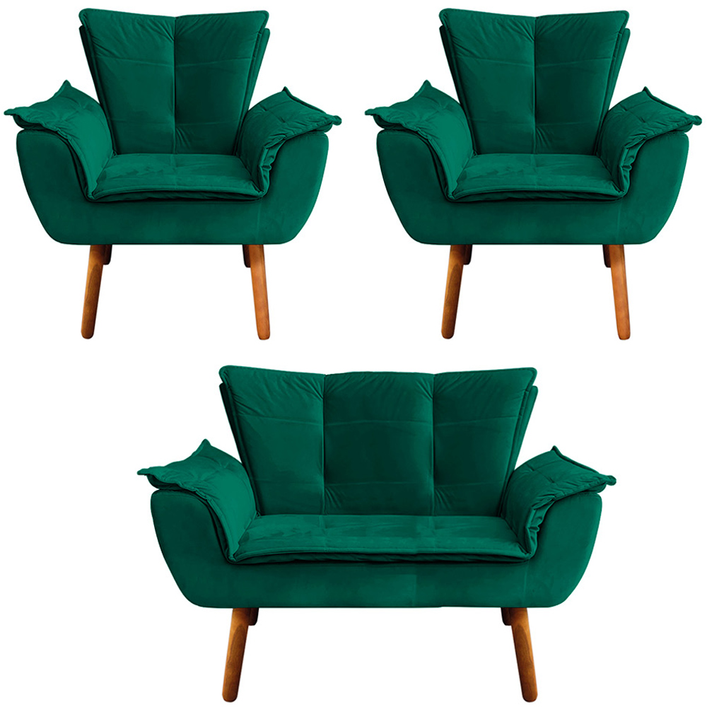 Conjunto 2 Poltronas e 1 Namoradeira Pés Palito Charger Veludo Verde G19 - Gran Belo