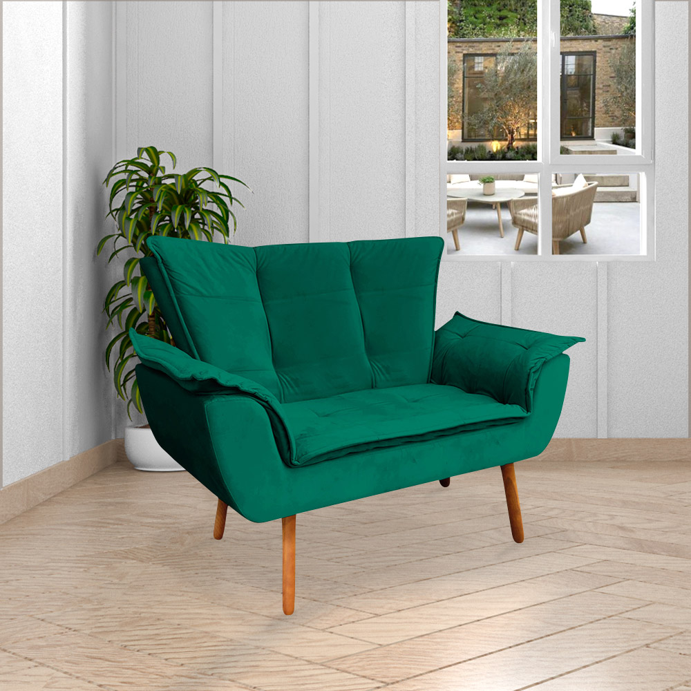 Conjunto 2 Poltronas e 1 Namoradeira Pés Palito Charger Veludo Verde G19 - Gran Belo