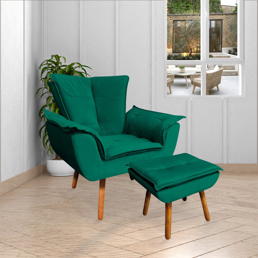 Conjunto 2 Poltronas e 1 Namoradeira Pés Palito Charger Veludo Verde G19 - Gran Belo