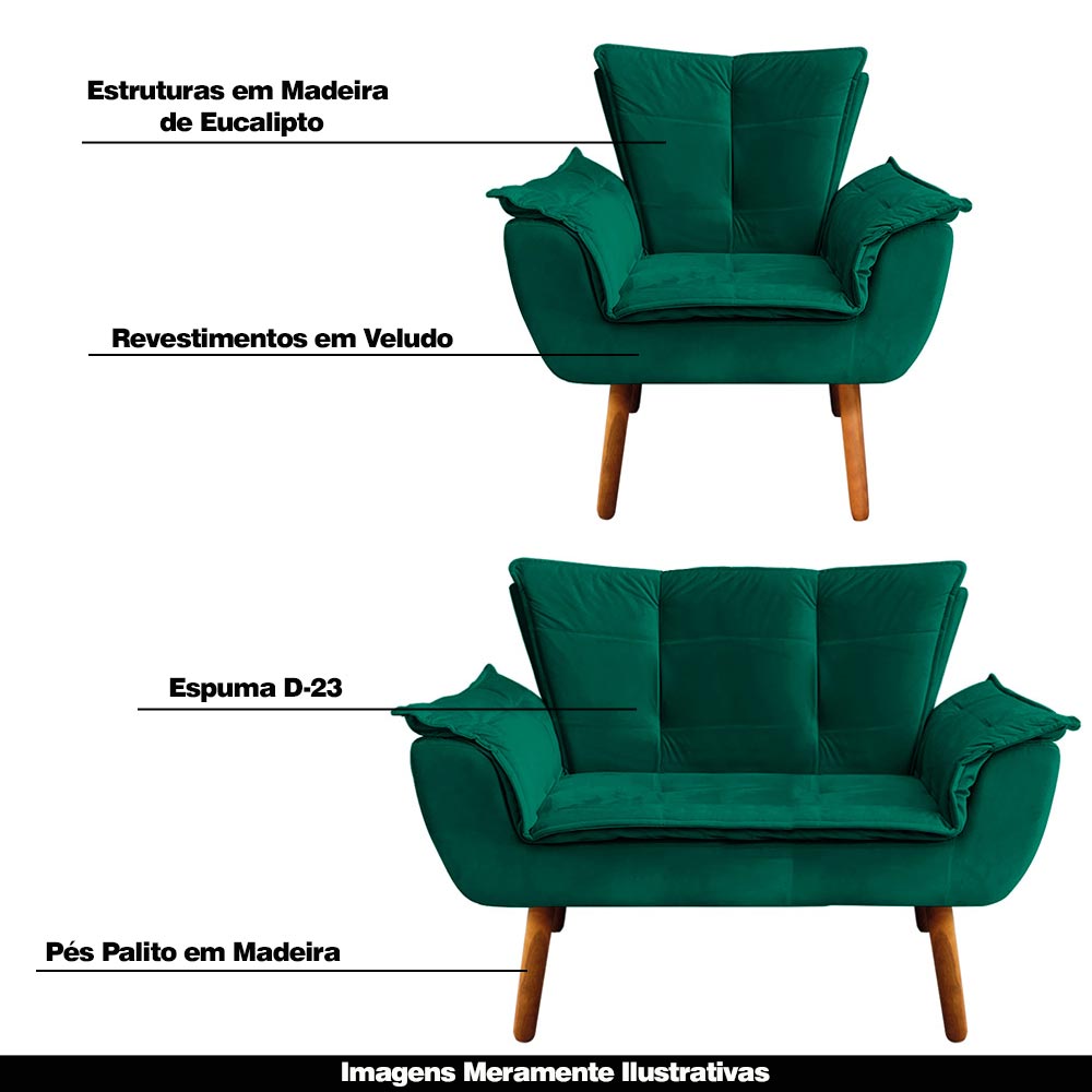 Conjunto 2 Poltronas e 1 Namoradeira Pés Palito Charger Veludo Verde G19 - Gran Belo