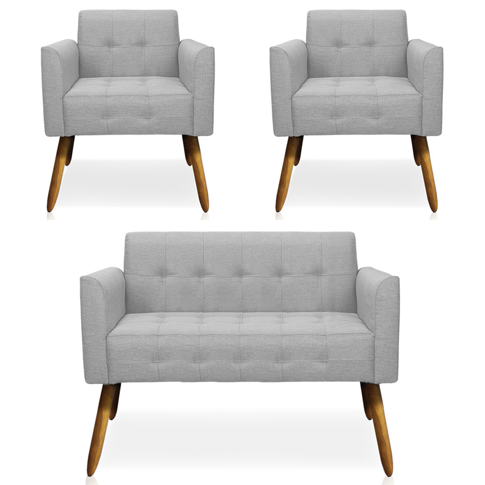 Conjunto 2 Poltronas e 1 Namoradeira Pés Palito Karen Linho Cinza G19 - Gran Belo