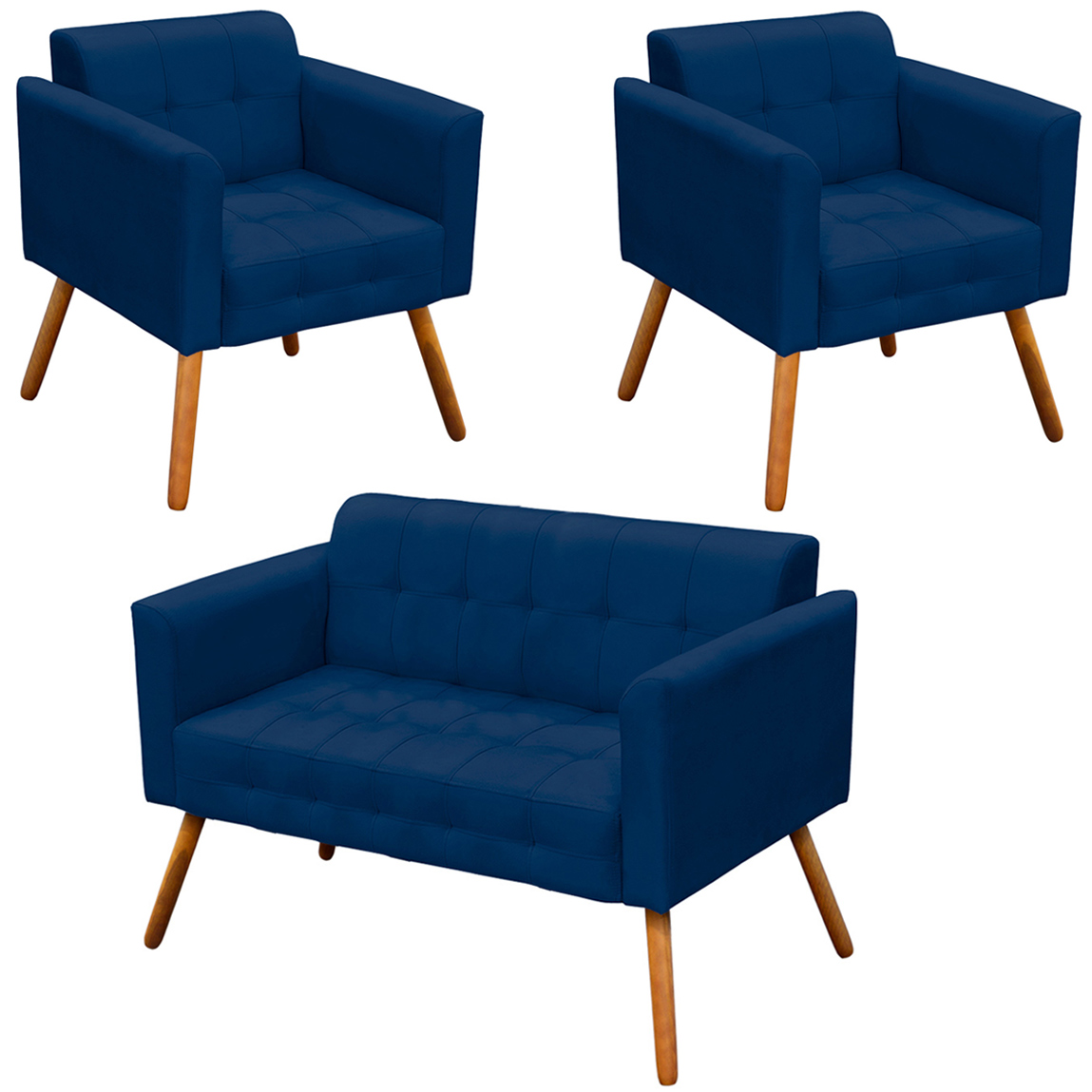Conjunto 2 Poltronas e 1 Namoradeira Pés Palito Karen Suede Azul Marinho G19 - Gran Belo