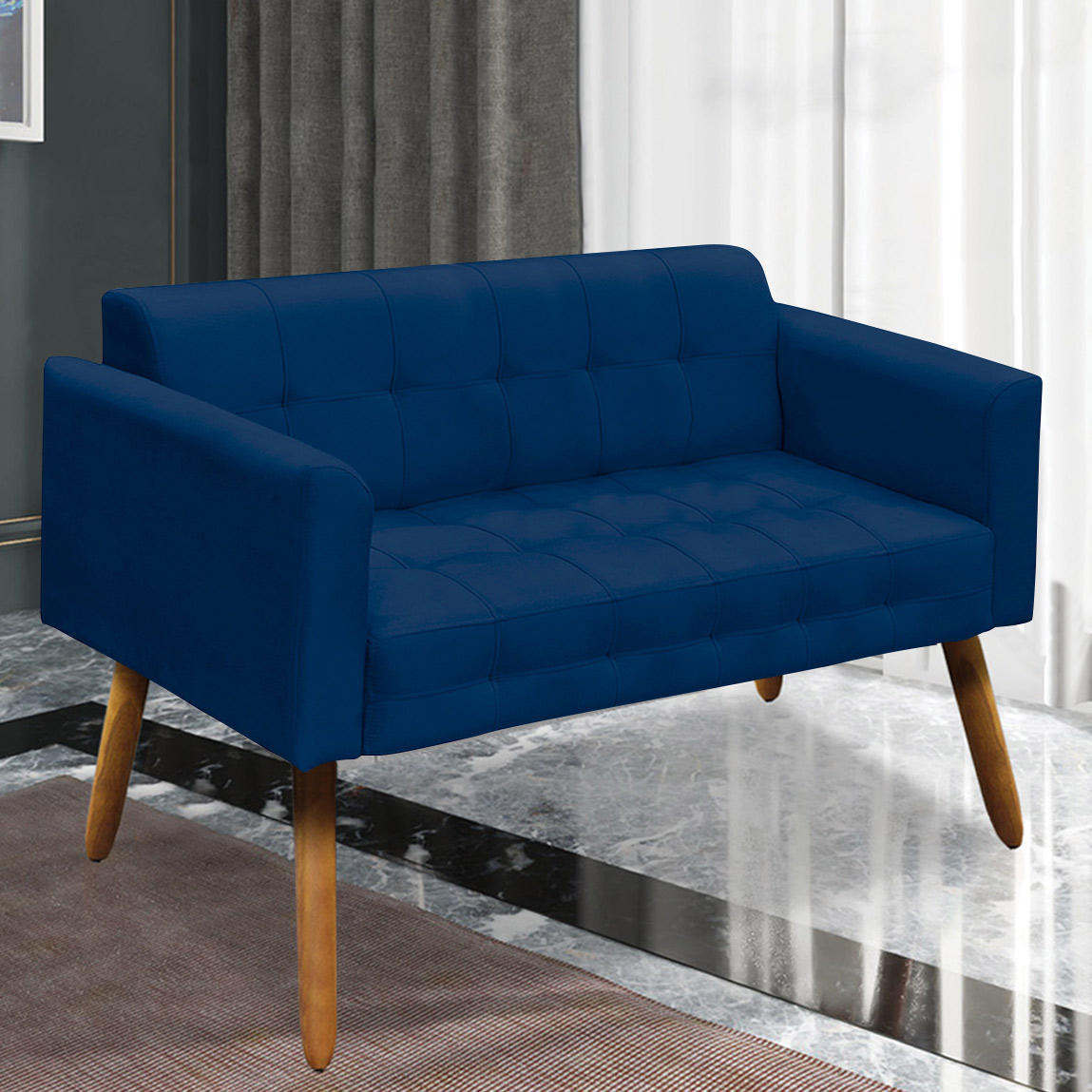Conjunto 2 Poltronas e 1 Namoradeira Pés Palito Karen Suede Azul Marinho G19 - Gran Belo