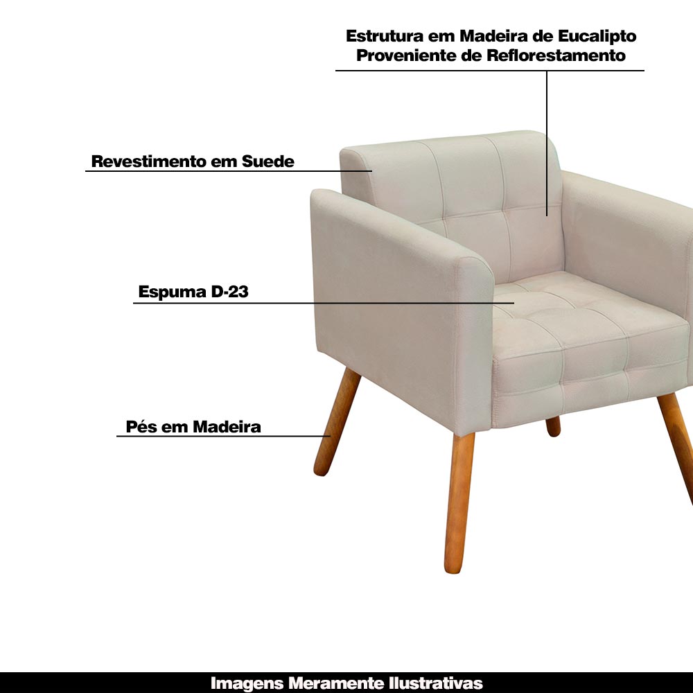 Conjunto 2 Poltronas e 1 Namoradeira Pés Palito Karen Suede Bege G19 - Gran Belo