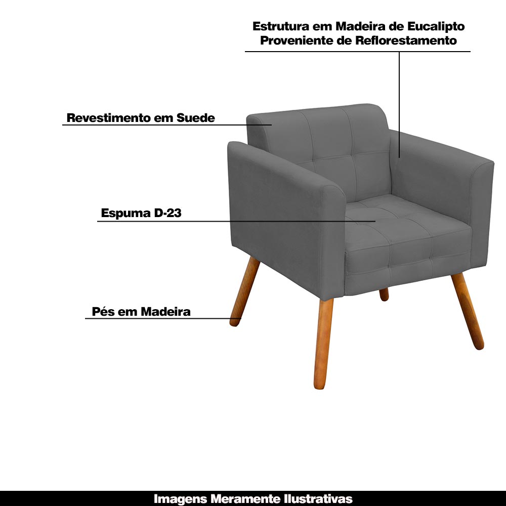 Conjunto 2 Poltronas e 1 Namoradeira Pés Palito Karen Suede Grafite G19 - Gran Belo