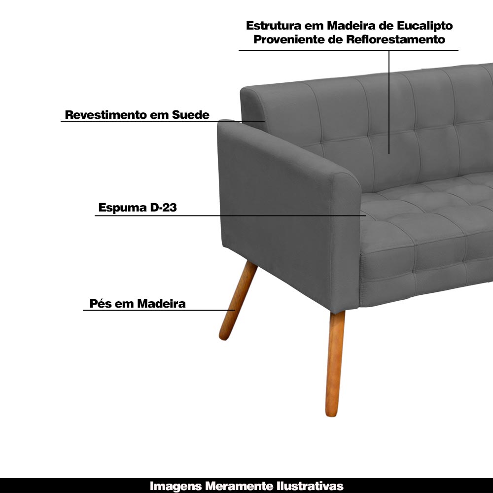 Conjunto 2 Poltronas e 1 Namoradeira Pés Palito Karen Suede Grafite G19 - Gran Belo