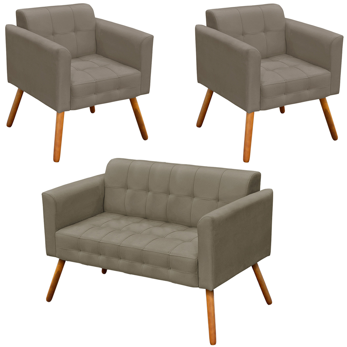 Conjunto 2 Poltronas e 1 Namoradeira Pés Palito Karen Suede Nude G19 - Gran Belo