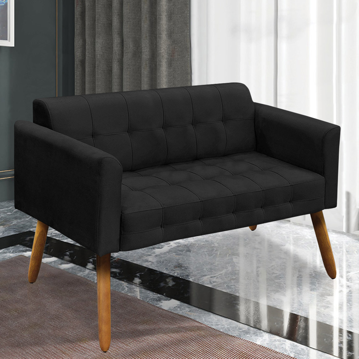 Conjunto 2 Poltronas e 1 Namoradeira Pés Palito Karen Suede Preto G19 - Gran Belo