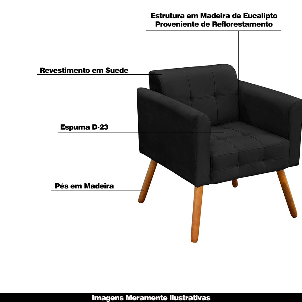 Conjunto 2 Poltronas e 1 Namoradeira Pés Palito Karen Suede Preto G19 - Gran Belo