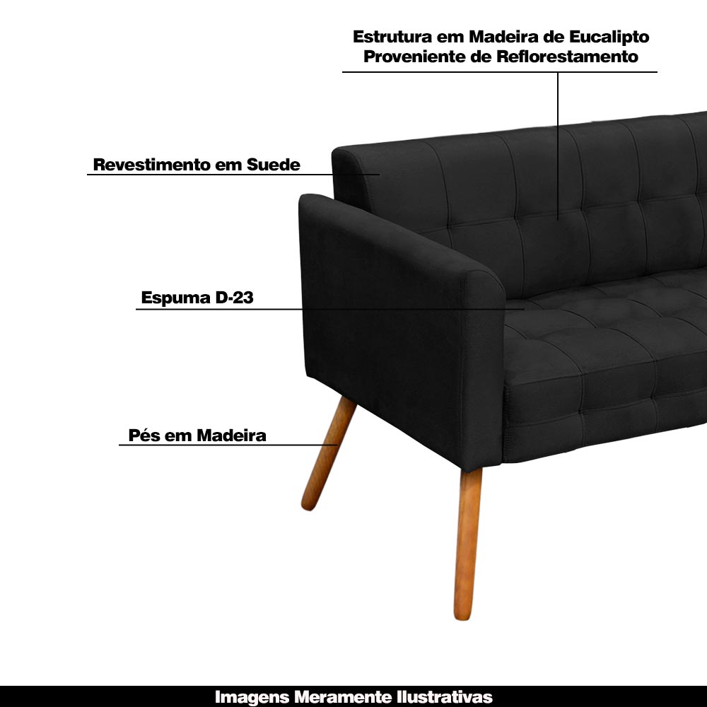 Conjunto 2 Poltronas e 1 Namoradeira Pés Palito Karen Suede Preto G19 - Gran Belo