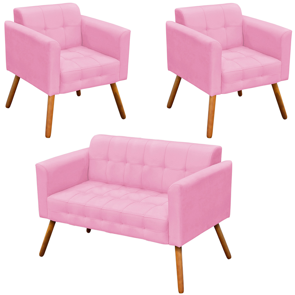 Conjunto 2 Poltronas e 1 Namoradeira Pés Palito Karen Suede Rosa G19 - Gran Belo