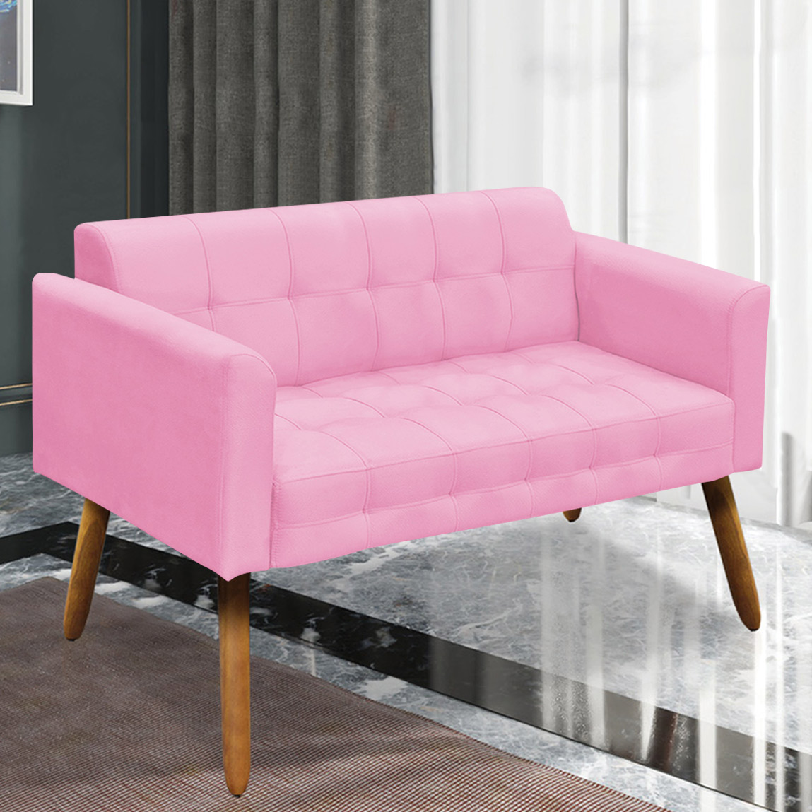 Conjunto 2 Poltronas e 1 Namoradeira Pés Palito Karen Suede Rosa G19 - Gran Belo