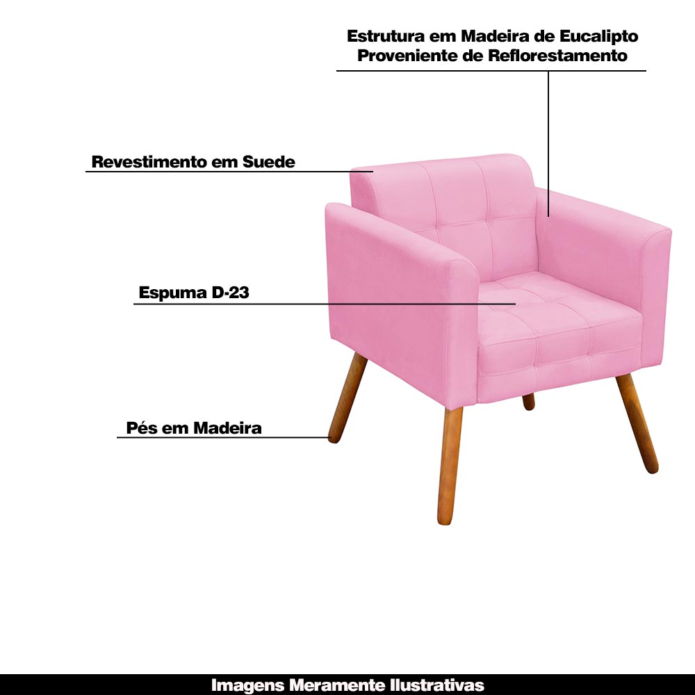 Conjunto 2 Poltronas e 1 Namoradeira Pés Palito Karen Suede Rosa G19 - Gran Belo