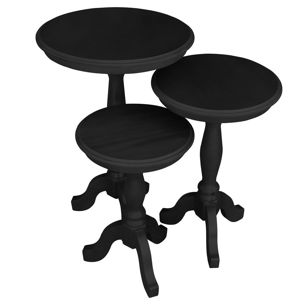 Conjunto 3 Mesas de Apoio Lateral Redonda Madeira Maciça Jovi Preto Fosco G36 - Gran Belo