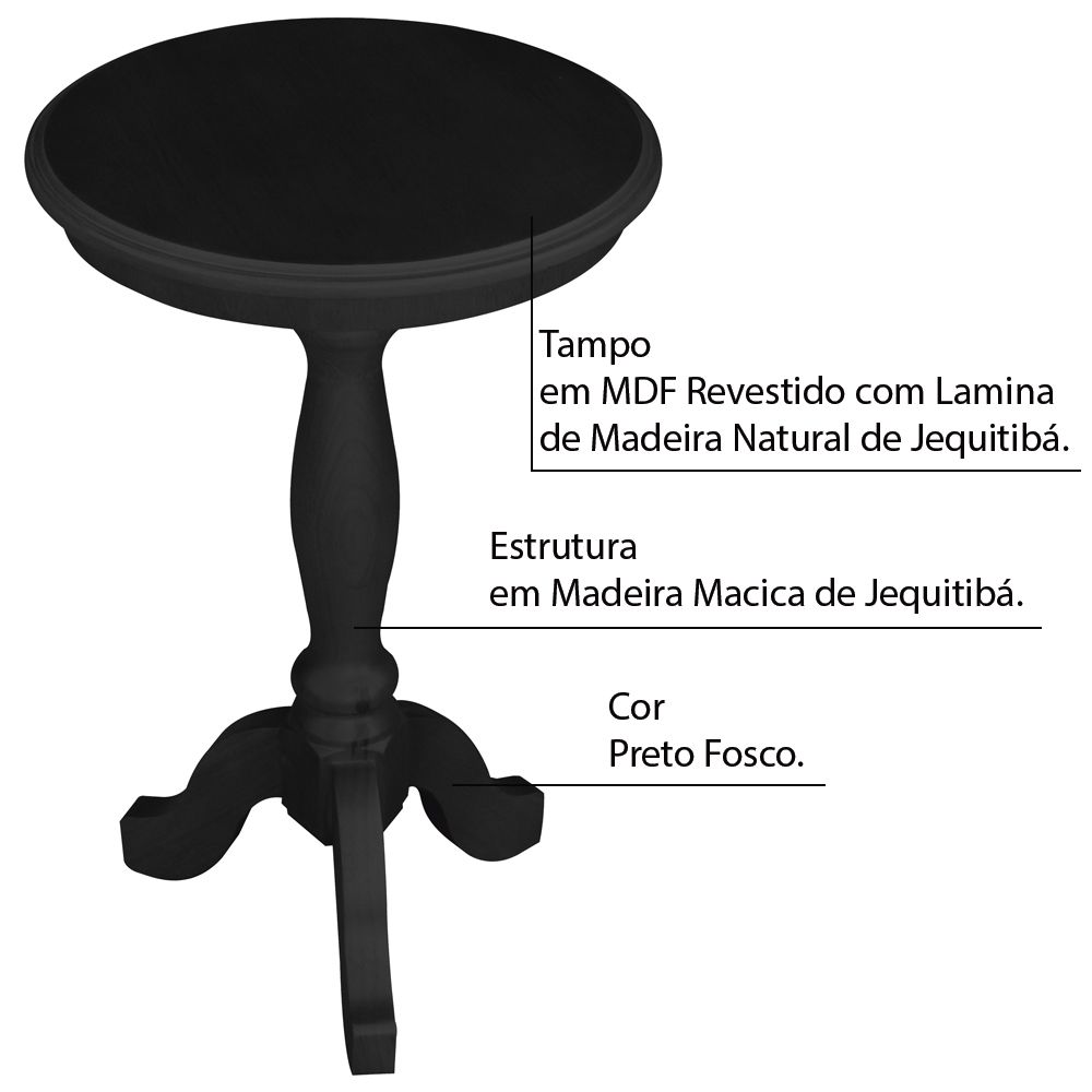 Conjunto 3 Mesas de Apoio Lateral Redonda Madeira Maciça Jovi Preto Fosco G36 - Gran Belo