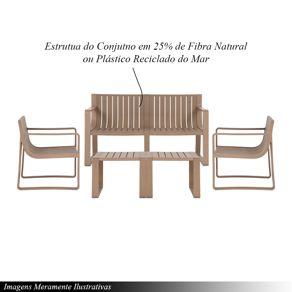 Conjunto 5 Peças Área Externa Bahamas 2 Poltronas 2 Mesas de Centro 1 Sofá 120cm em Fibra Natural Café G56 - Gran Belo