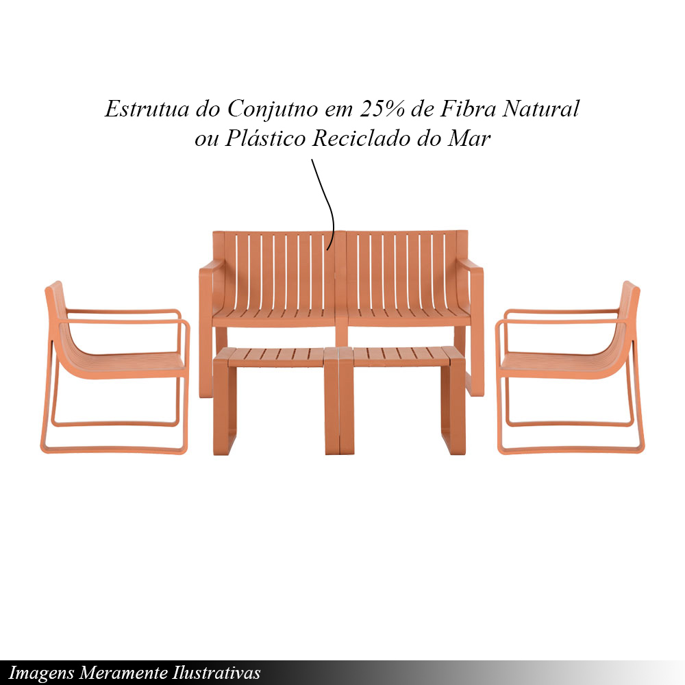 Conjunto 5 Peças Área Externa Bahamas 2 Poltronas 2 Mesas de Centro 1 Sofá 120cm em Fibra Natural Pêssego G56 - Gran Belo