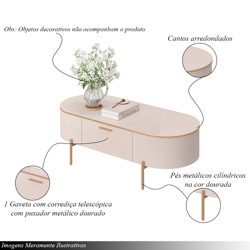 Conjunto Aparador Decorativo Amanda 1 Gaveta e Mesa de Centro Bento 1 Gaveta Pés Metálicos Dourados Off White G18 - Gran Belo