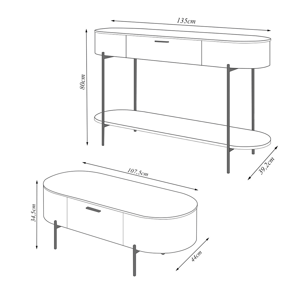 Conjunto Aparador Decorativo Amanda 1 Gaveta e Mesa de Centro Bento 1 Gaveta Pés Metálicos Dourados Off White G18 - Gran Belo