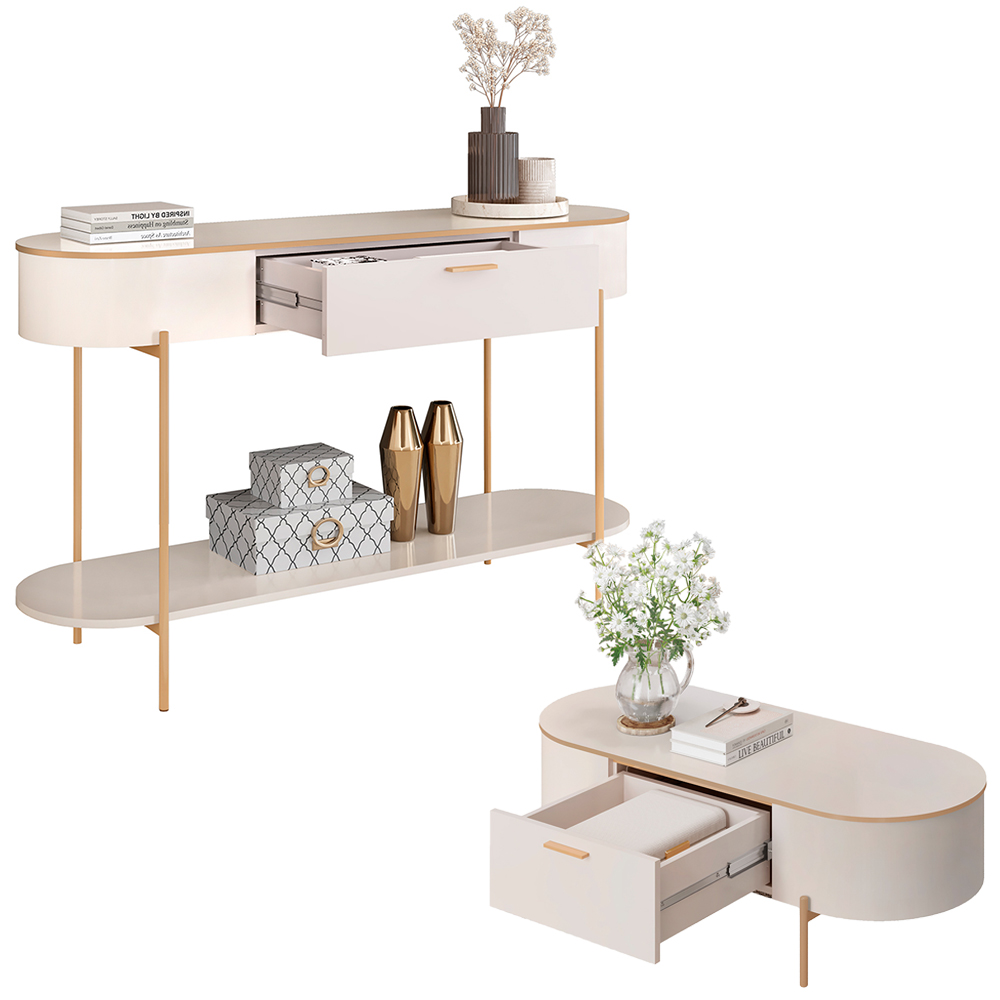 Conjunto Aparador Decorativo Amanda 1 Gaveta e Mesa de Centro Bento 1 Gaveta Pés Metálicos Dourados Off White G18 - Gran Belo