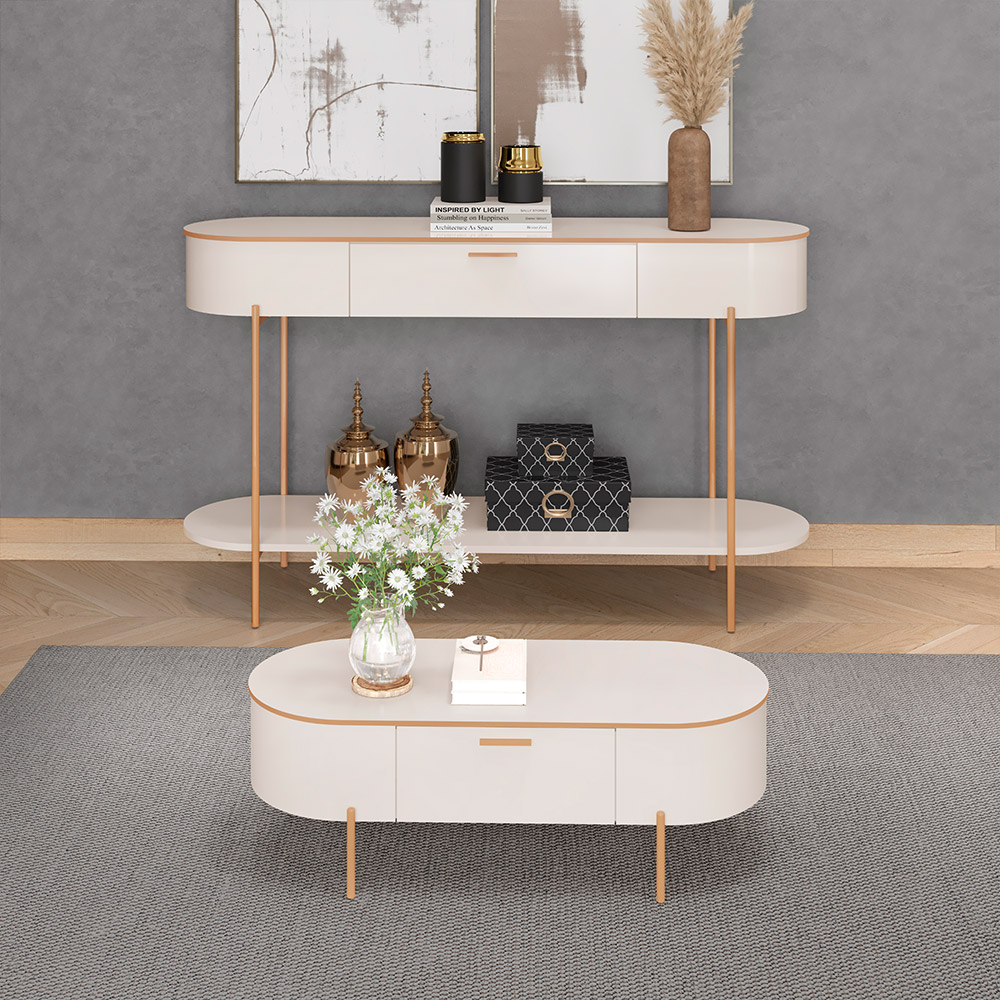 Conjunto Aparador Decorativo Amanda 1 Gaveta e Mesa de Centro Bento 1 Gaveta Pés Metálicos Dourados Off White G18 - Gran Belo