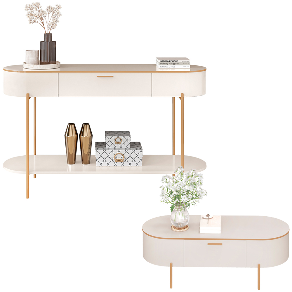 Conjunto Aparador Decorativo Amanda 1 Gaveta e Mesa de Centro Bento 1 Gaveta Pés Metálicos Dourados Off White G18 - Gran Belo
