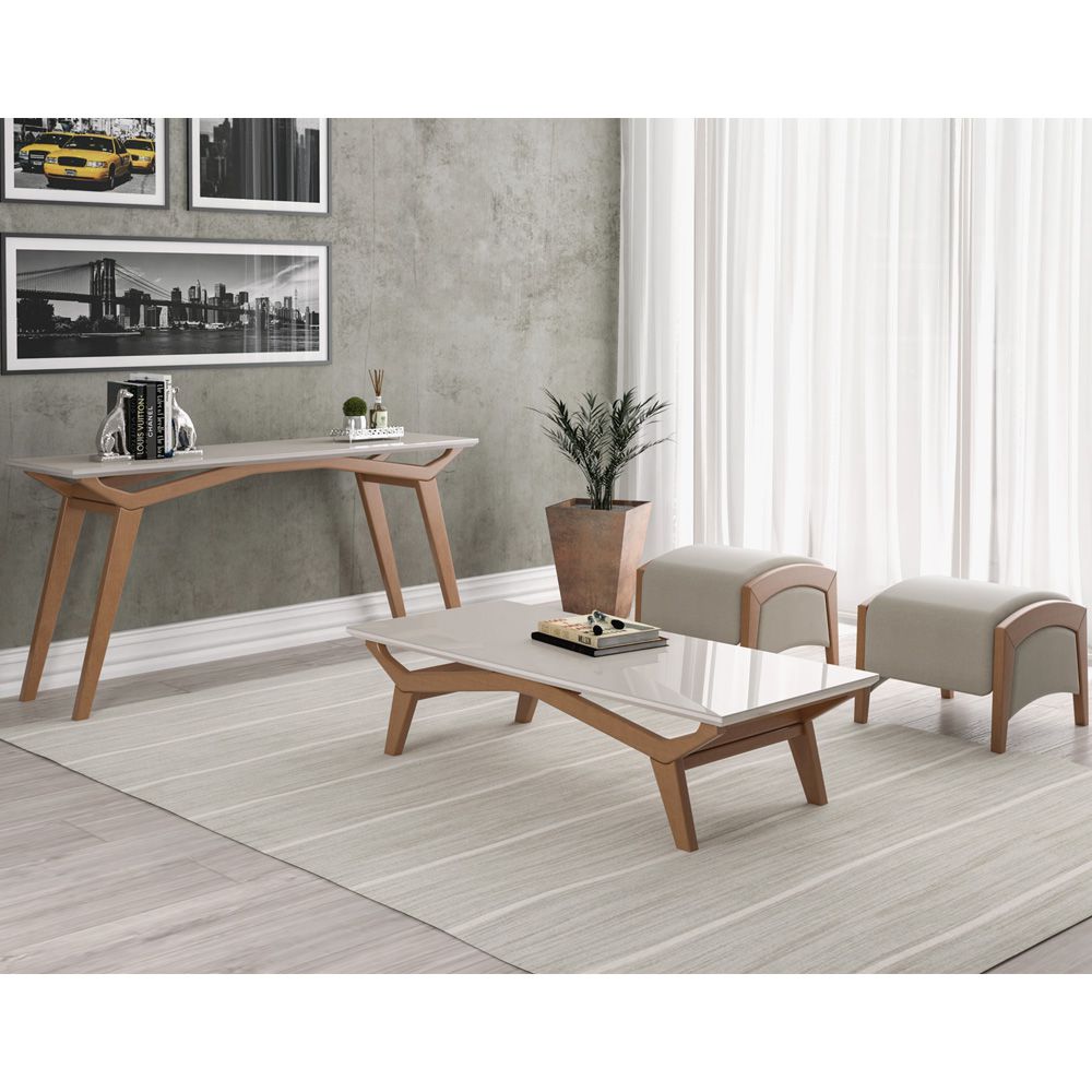 Conjunto Aparador e Mesa de Centro Sala de Estar Tampo de Vidro Monet Off White/Champagne - Gran Belo