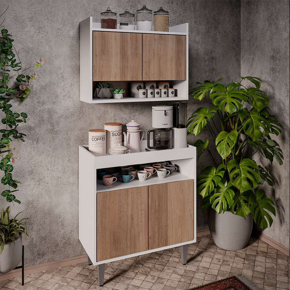 Conjunto Armário Cantinho do Café Chico 2 Portas com Aéreo Branco/Freijó G96 - Gran Belo