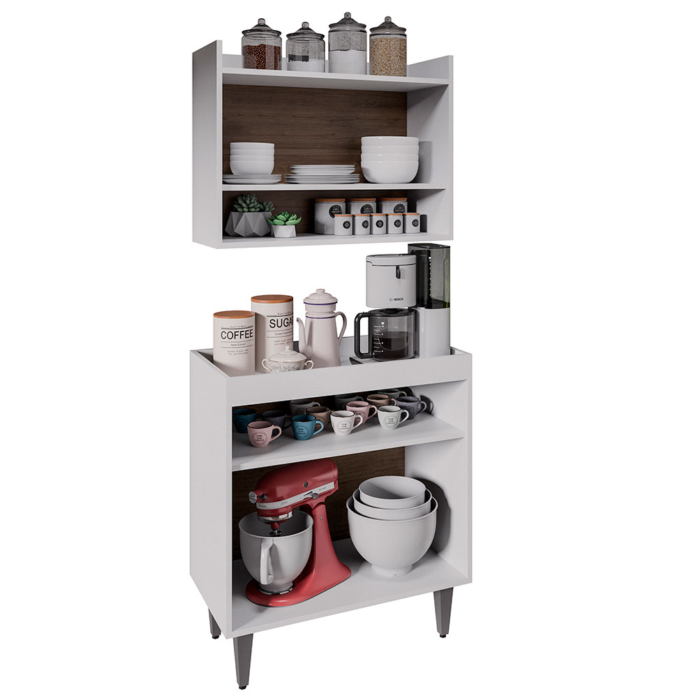 Conjunto Armário Cantinho do Café Chico 2 Portas com Aéreo Branco/Freijó G96 - Gran Belo