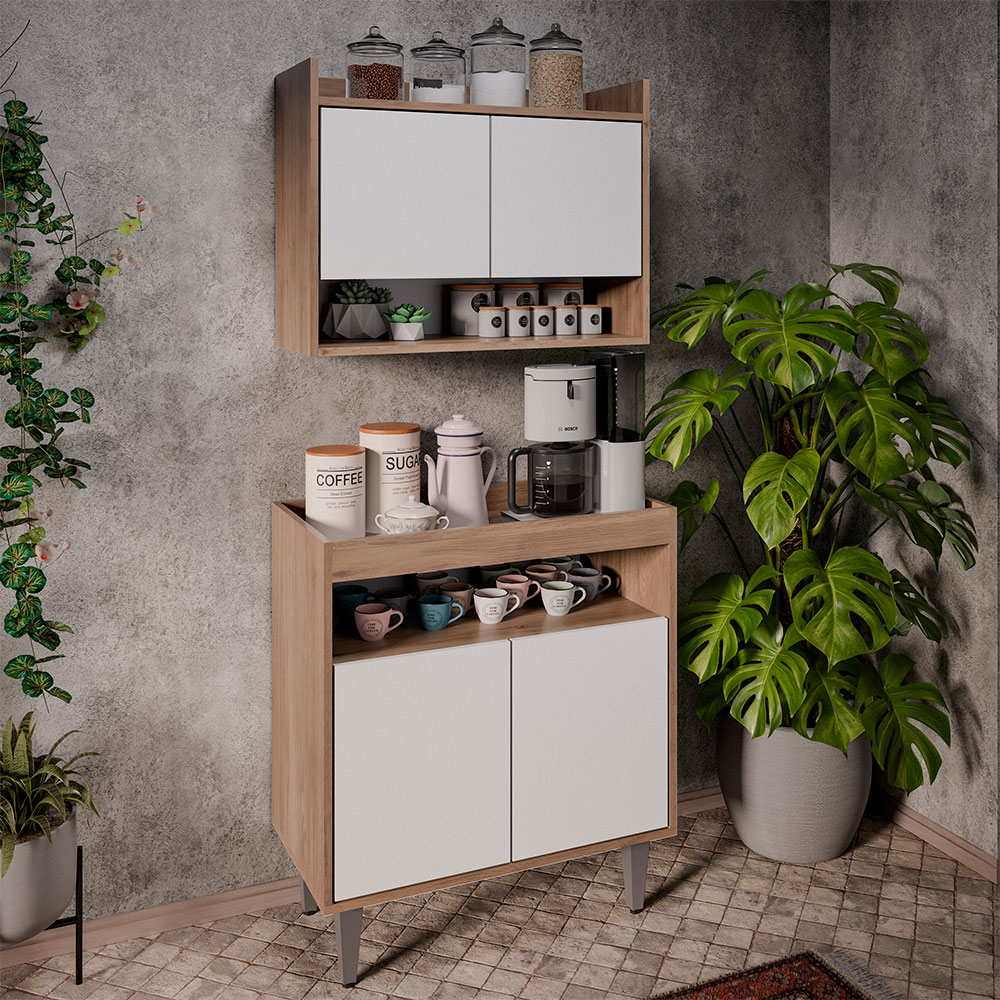 Conjunto Armário Cantinho do Café Chico 2 Portas com Aéreo Freijó/Branco G96 - Gran Belo