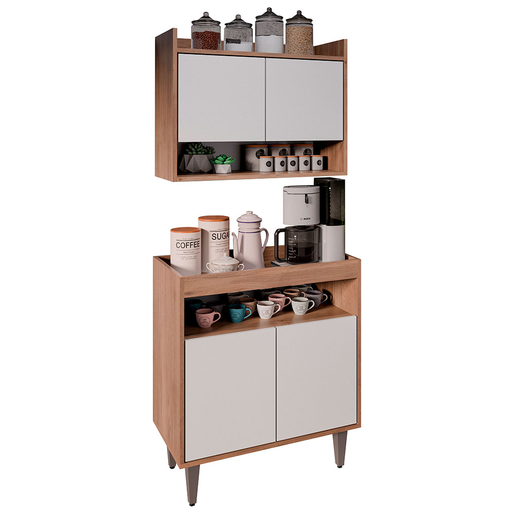 Conjunto Armário Cantinho do Café Chico 2 Portas com Aéreo Freijó/Branco G96 - Gran Belo