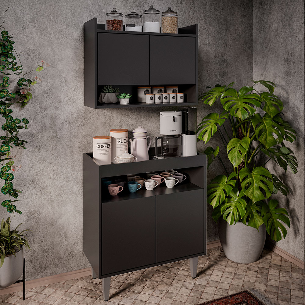 Conjunto Armário Cantinho do Café Chico 2 Portas com Aéreo Preto G96 - Gran Belo