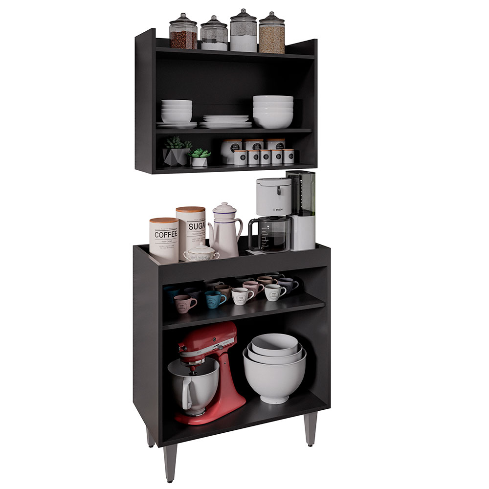 Conjunto Armário Cantinho do Café Chico 2 Portas com Aéreo Preto G96 - Gran Belo