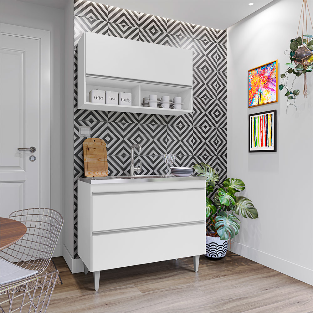 Conjunto Balcão de Cozinha Armário Aéreo Wollo MDP/BP Branco G96 - Gran Belo