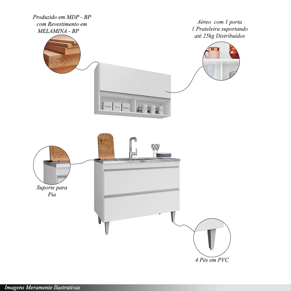 Conjunto Balcão de Cozinha Armário Aéreo Wollo MDP/BP Branco G96 - Gran Belo