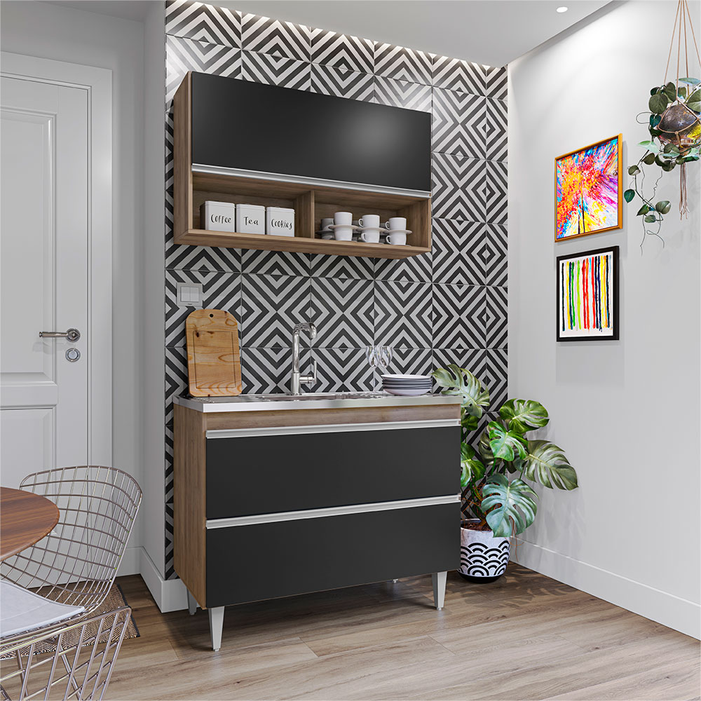 Conjunto Balcão de Cozinha Armário Aéreo Wollo MDP/BP Freijó/Preto G96 - Gran Belo