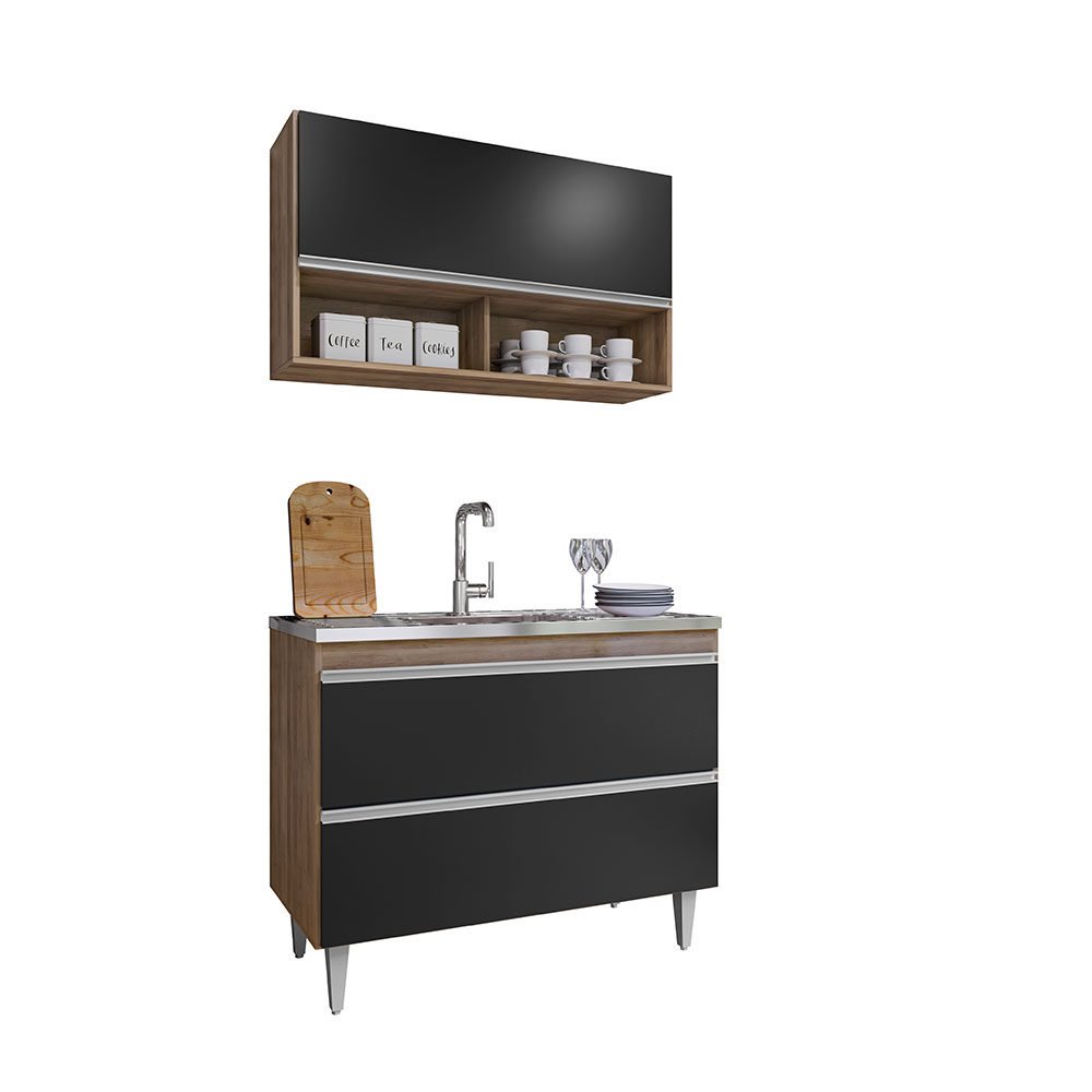 Conjunto Balcão de Cozinha Armário Aéreo Wollo MDP/BP Freijó/Preto G96 - Gran Belo