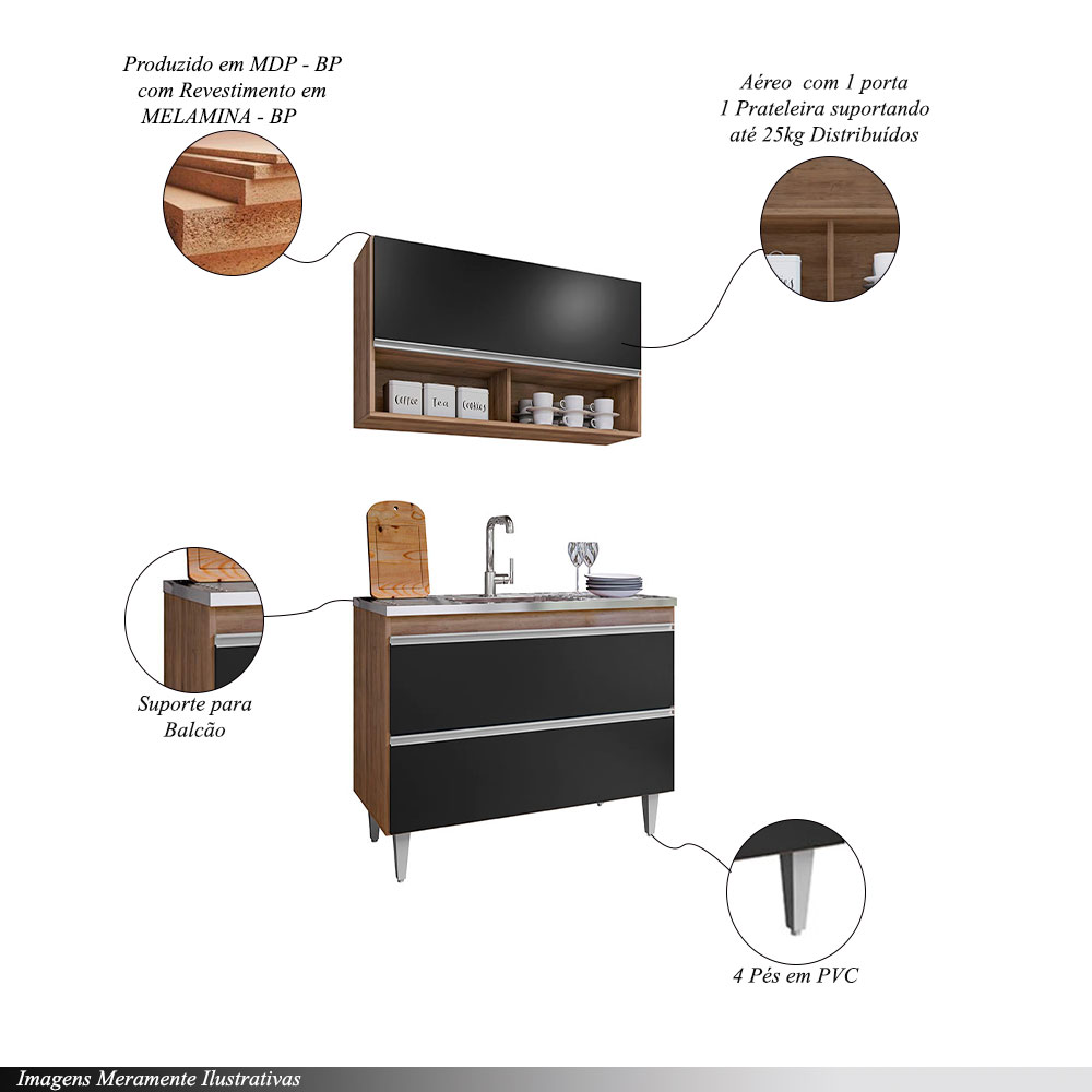 Conjunto Balcão de Cozinha Armário Aéreo Wollo MDP/BP Freijó/Preto G96 - Gran Belo